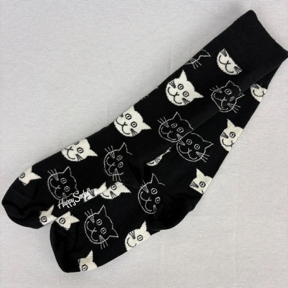 Happy Socks Cat Face Socks Black & White Size 6-9 Shoe‎ Organic Cotton Funky